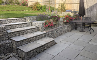 Kentish Ragstone Gabion wall with gabion steps and slab tops